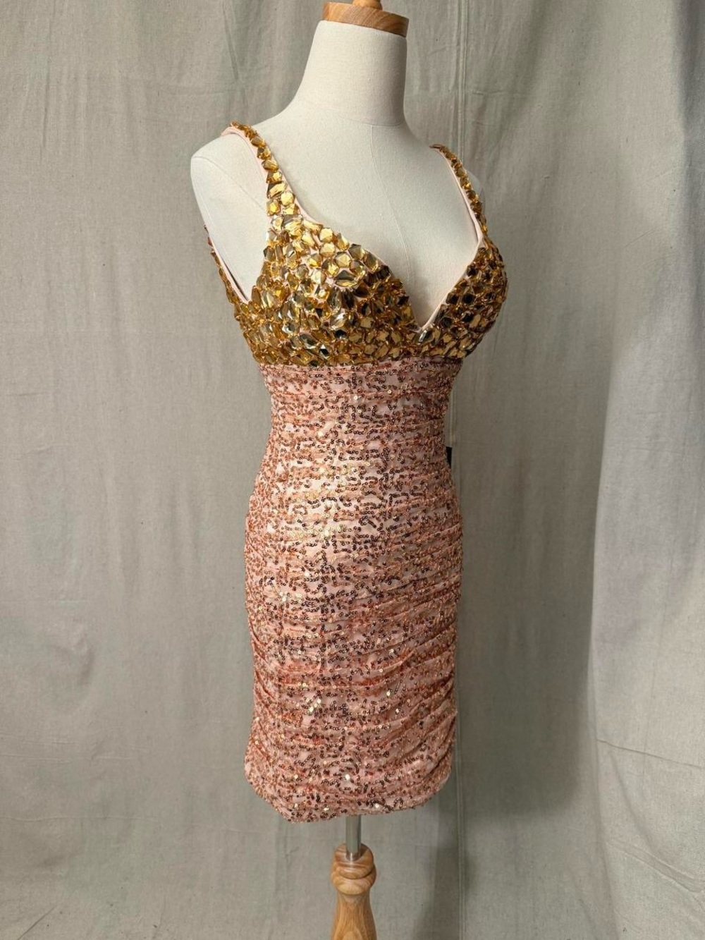 Gold and Blush Sequin Cocktail Dress - Sleeveless V-Neck